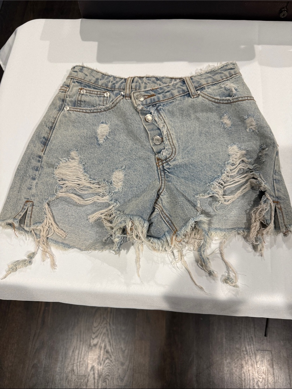 Signature8 Light Wash Distressed Denim Shorts with Frayed Hem